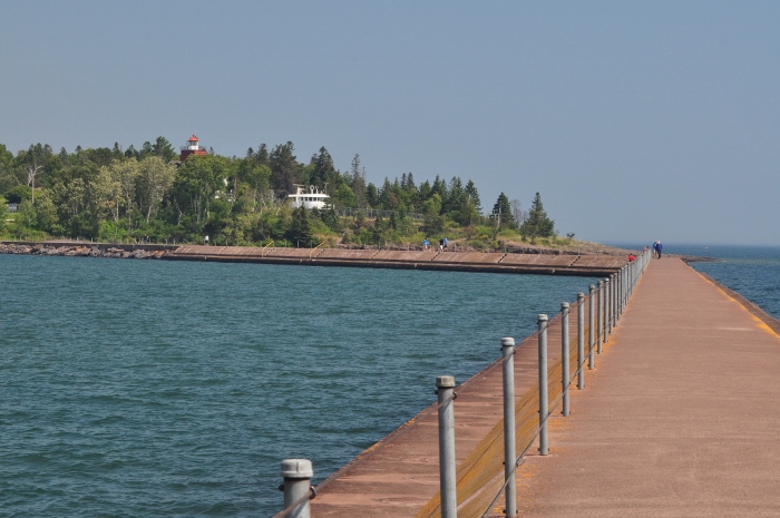 Looking back to shore at Two Harbors Lighstation from the breakwater